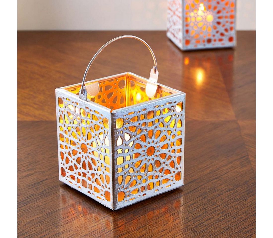 Marrakesch Orient & Mediterran Interior Teelichthalter Photophore Assa, métal blanc et doré, verre orange, ornements, 10 cm (1 St), Handarbeit – Bild 4 von 5