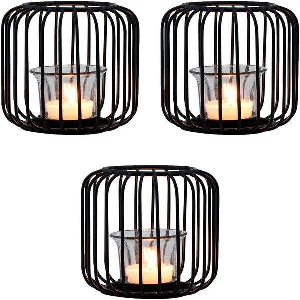 Marrakesch Orient & Mediterran Interior Teelichthalter Juego de 3 portavelas Cibolo de metal y vidrio en color negro, 11 cm (3 St), Handarbeit
