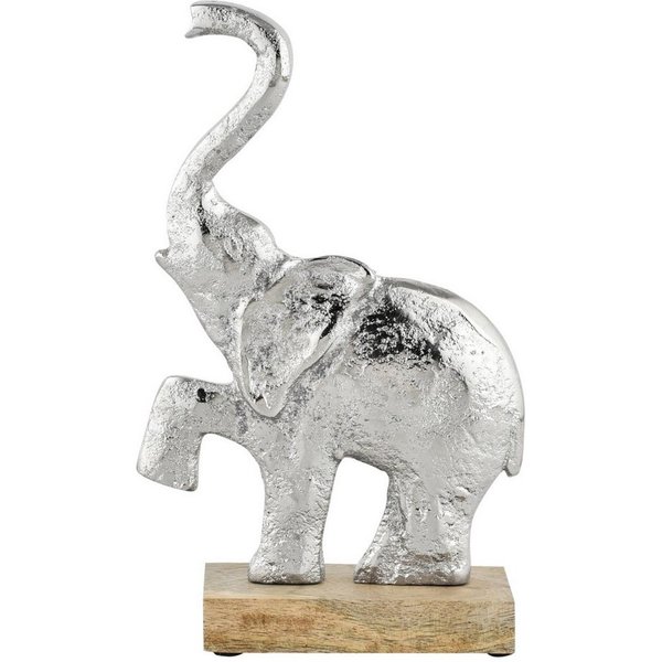 Marrakesch Orient & Mediterran Interior Tierfigur Statuette éléphant Mumba en aluminium argenté et bois naturel, 21 cm (1 St), Handarbeit