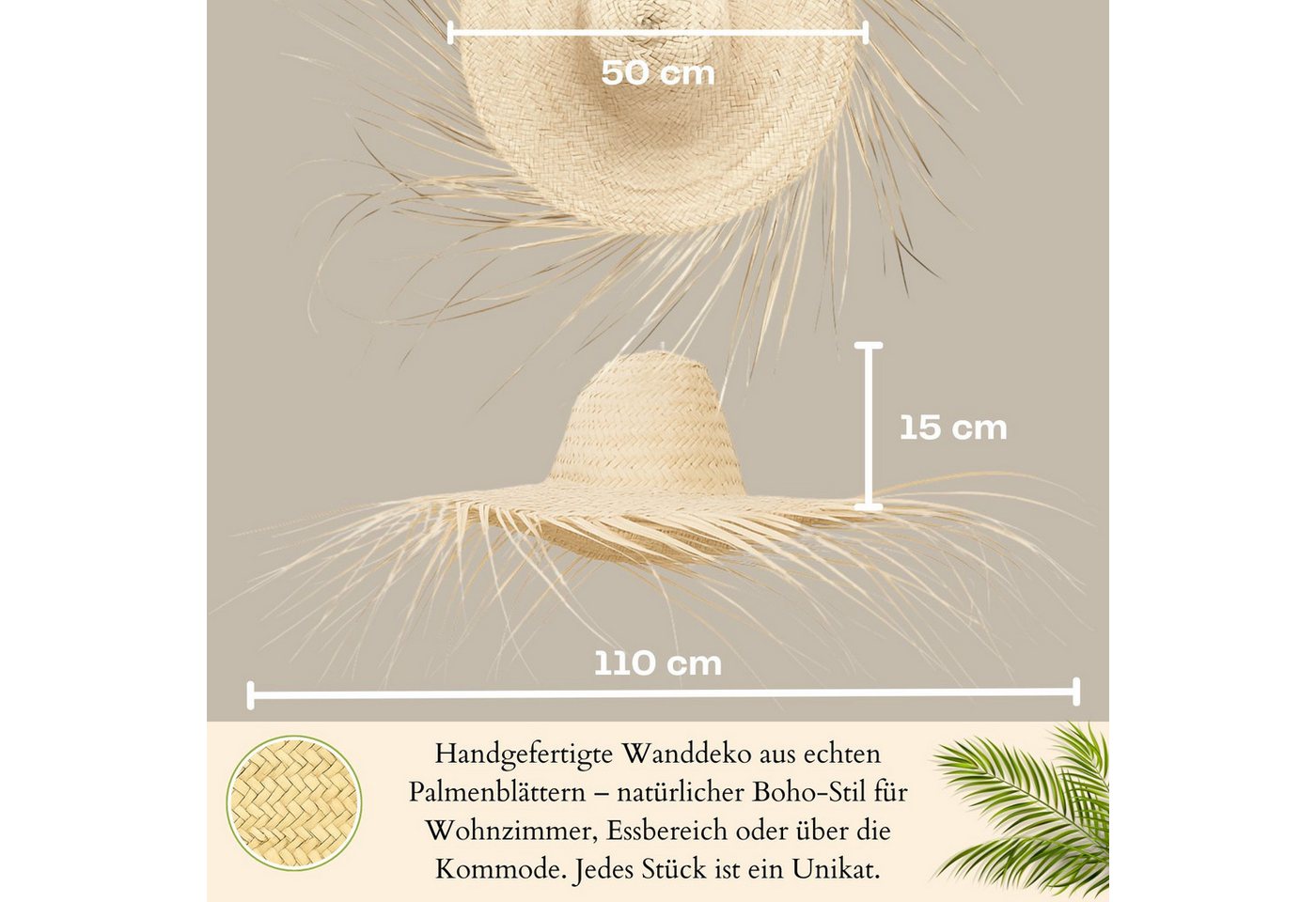 Marrakesch Orient & Mediterran Interior Wanddekoobjekt Décoration murale Tijuana en palmier tressé beige, bohème, 110 cm (1 St), Handarbeit – Bild 2 von 5