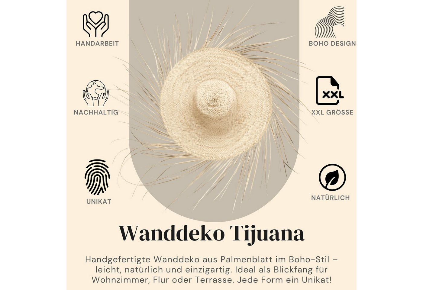 Marrakesch Orient & Mediterran Interior Wanddekoobjekt Décoration murale Tijuana en palmier tressé beige, bohème, 110 cm (1 St), Handarbeit – Bild 4 von 5