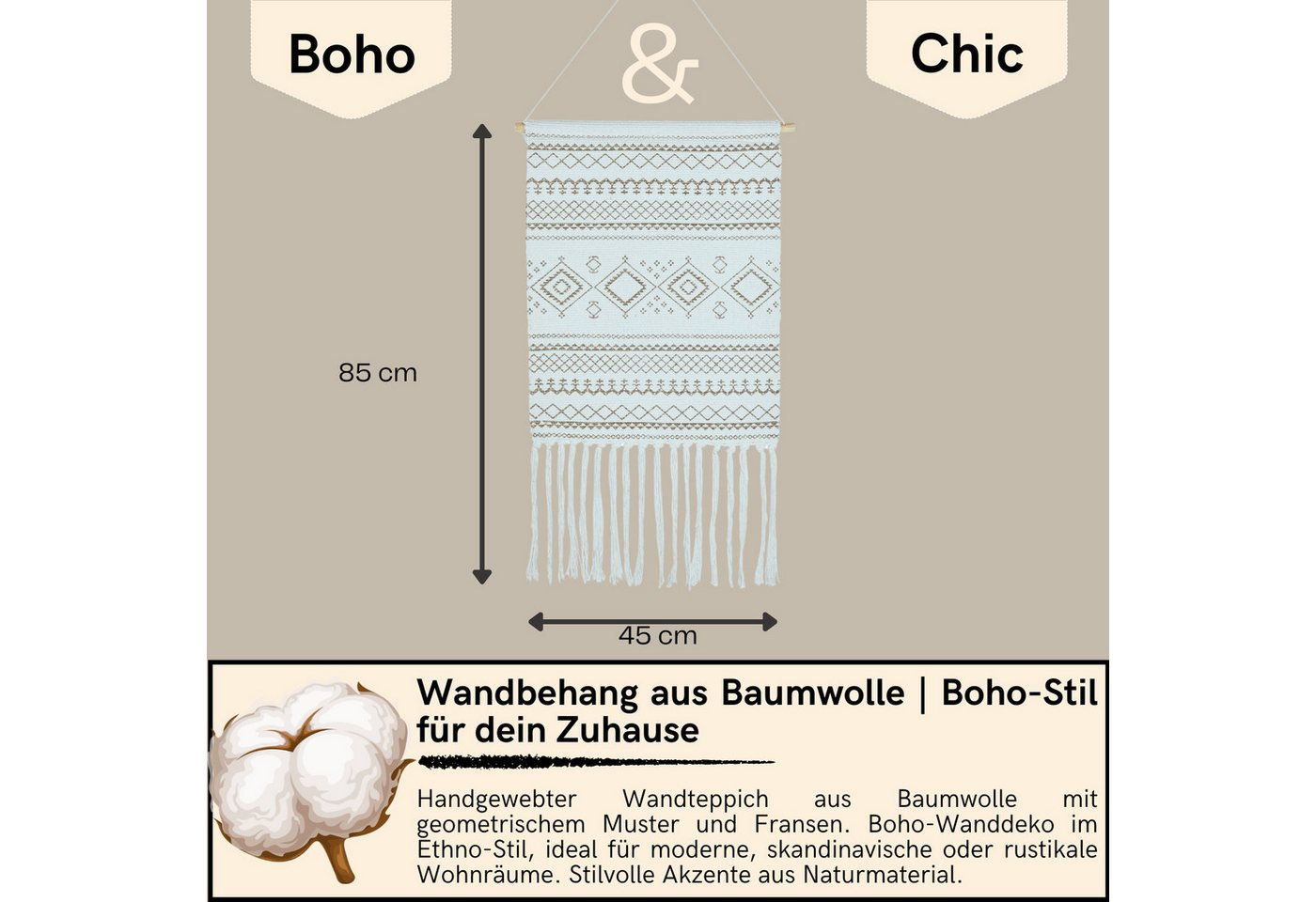 Marrakesch Orient & Mediterran Interior Wandteppich Wanddekoration Calegora aus Baumwolle, im modernen Design, Beige 85 cm, Höhe: 850 mm – Bild 3 von 5
