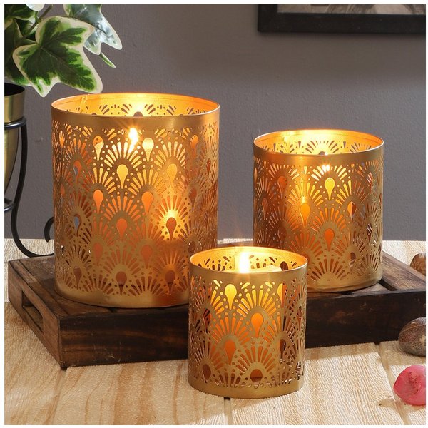 Marrakesch Orient & Mediterran Interior Windlicht 3er-Set Windlichter Zalia aus Metall, innen Kupfer, außen Gold 14 cm (3 St), Handarbeit