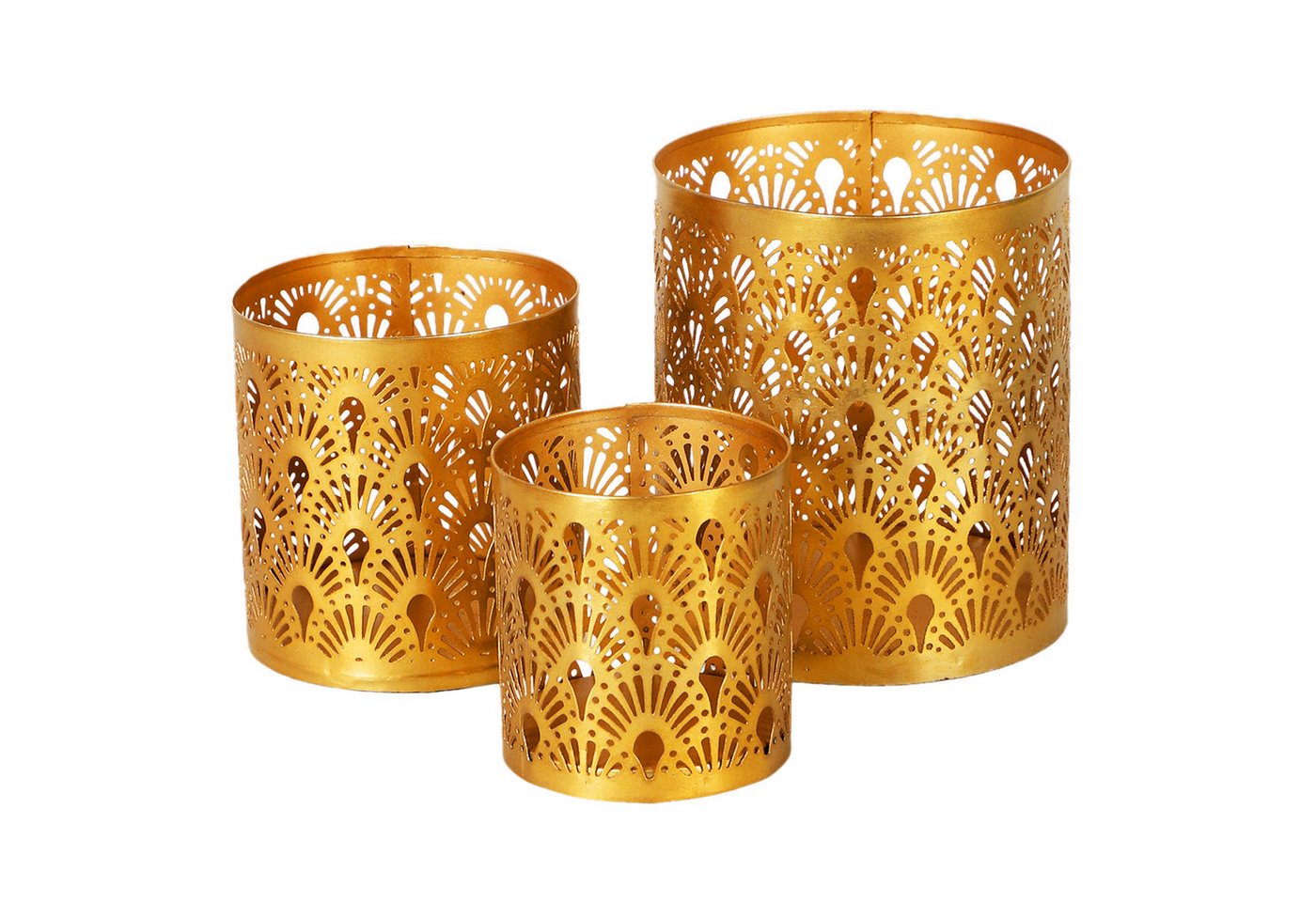 Marrakesch Orient & Mediterran Interior Windlicht 3er-Set Windlichter Zalia aus Metall, innen Kupfer, außen Gold 14 cm (3 St), Handarbeit – Bild 2 von 5