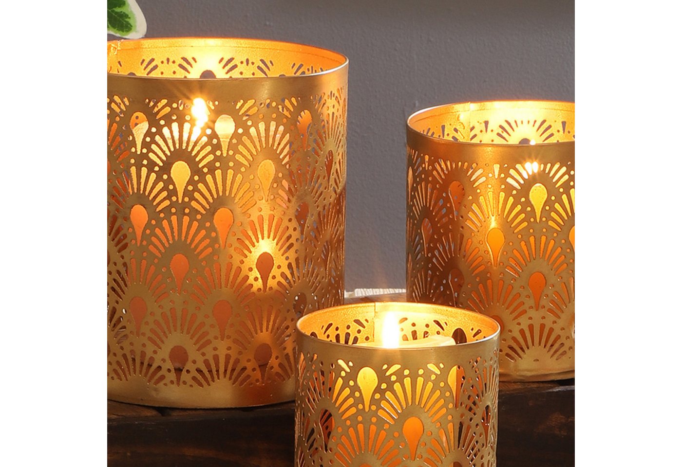 Marrakesch Orient & Mediterran Interior Windlicht 3er-Set Windlichter Zalia aus Metall, innen Kupfer, außen Gold 14 cm (3 St), Handarbeit – Bild 3 von 5