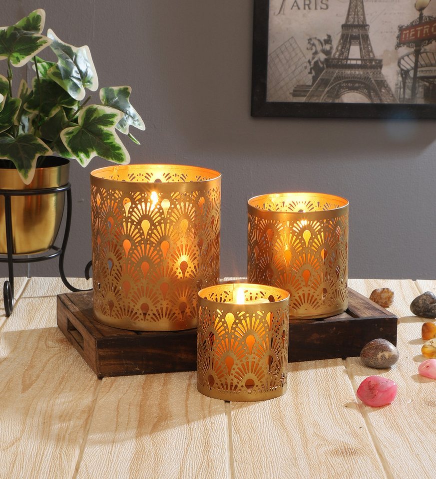 Marrakesch Orient & Mediterran Interior Windlicht 3er-Set Windlichter Zalia aus Metall, innen Kupfer, außen Gold 14 cm (3 St), Handarbeit – Bild 4 von 5
