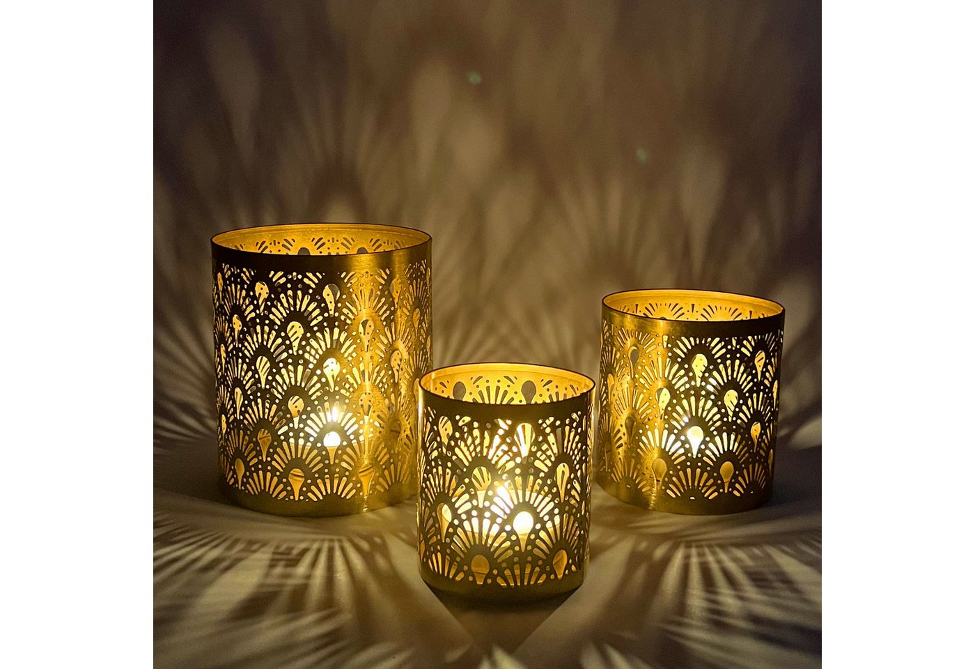 Marrakesch Orient & Mediterran Interior Windlicht 3er-Set Windlichter Zalia aus Metall, innen Kupfer, außen Gold 14 cm (3 St), Handarbeit – Bild 5 von 5