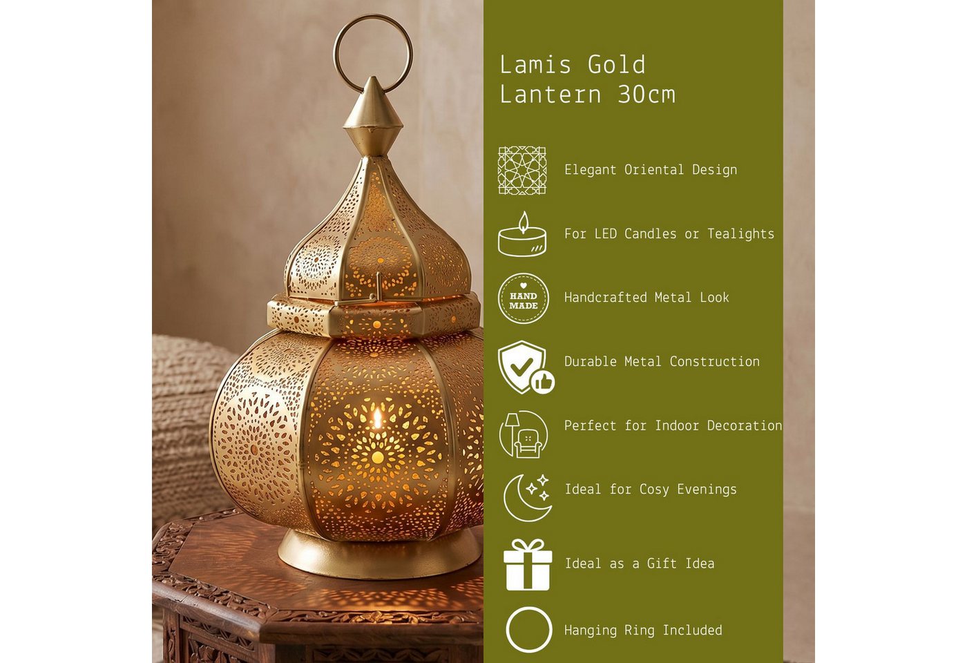 Marrakesch Orient & Mediterran Interior Windlicht Windlicht Lamis, 30 cm, orientalisch, Goldfarben und Kupferfarben (1 St), Handarbeit – Bild 5 von 5