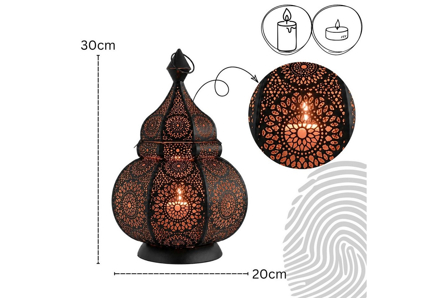 Marrakesch Orient & Mediterran Interior Windlicht Farol portavelas Lamis, estilo boho, color negro, de metal, 30 cm (1 St), Handarbeit – Bild 3 von 5