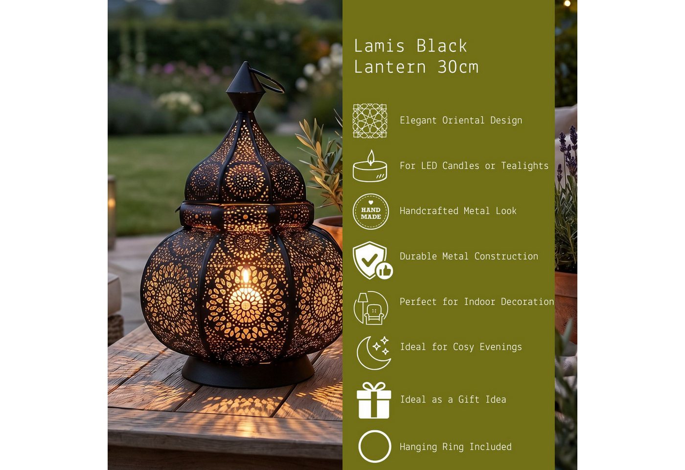Marrakesch Orient & Mediterran Interior Windlicht Farol portavelas Lamis, estilo boho, color negro, de metal, 30 cm (1 St), Handarbeit – Bild 5 von 5