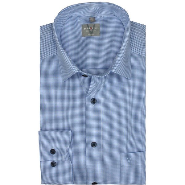 MARVELIS Businesshemd Comfort Fit, Blau Weiß kariert, Bügelfrei, New Kent Kragen Regular Langarm 64cm, 100% Baumwolle, Bügelfrei