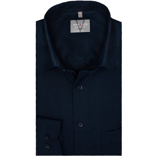 MARVELIS Businesshemd Comfort Fit, Dunkelblau, Bügelfrei, New Kent Kragen Regular Langarm 64cm, Bügelfrei, 100% Baumwolle