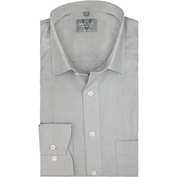 MARVELIS Businesshemd Comfort Fit, Grau, Chambray, Bügelfrei, New Kent Kragen Regular Langarm 64cm, 100% Baumwolle, Bügelfrei