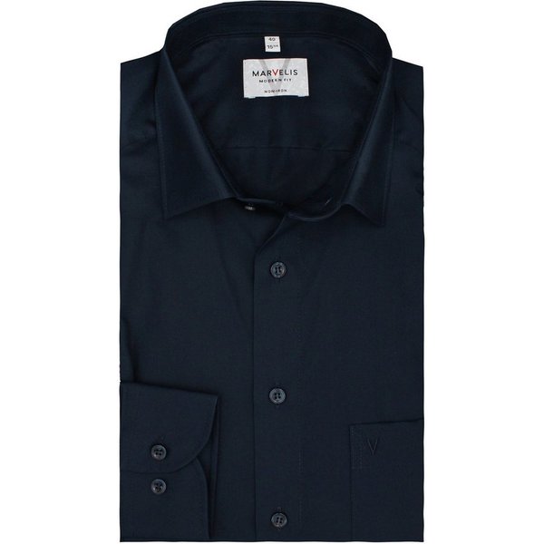 MARVELIS Businesshemd Dunkelblau, Modern Fit, Bügelfrei, 100% Baumwolle, New Kent Kragen Regular Langarm