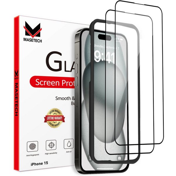 MASETECH Displayschutzfolie iPhone 15 Schutzglas Anti Fingerprint Blasenfrei Klar Kratzfest für Apple iPhone 15, 2er Set, Apple iPhone 15, Kratzfest, Anti-Finge