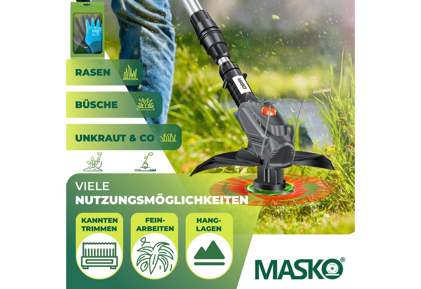 MASKO Akku-Rasentrimmer, Akku-Rasentrimmer mit 20 Li-Akku, 2,0 Ah Akku und Ladegerät – Bild 2 von 5