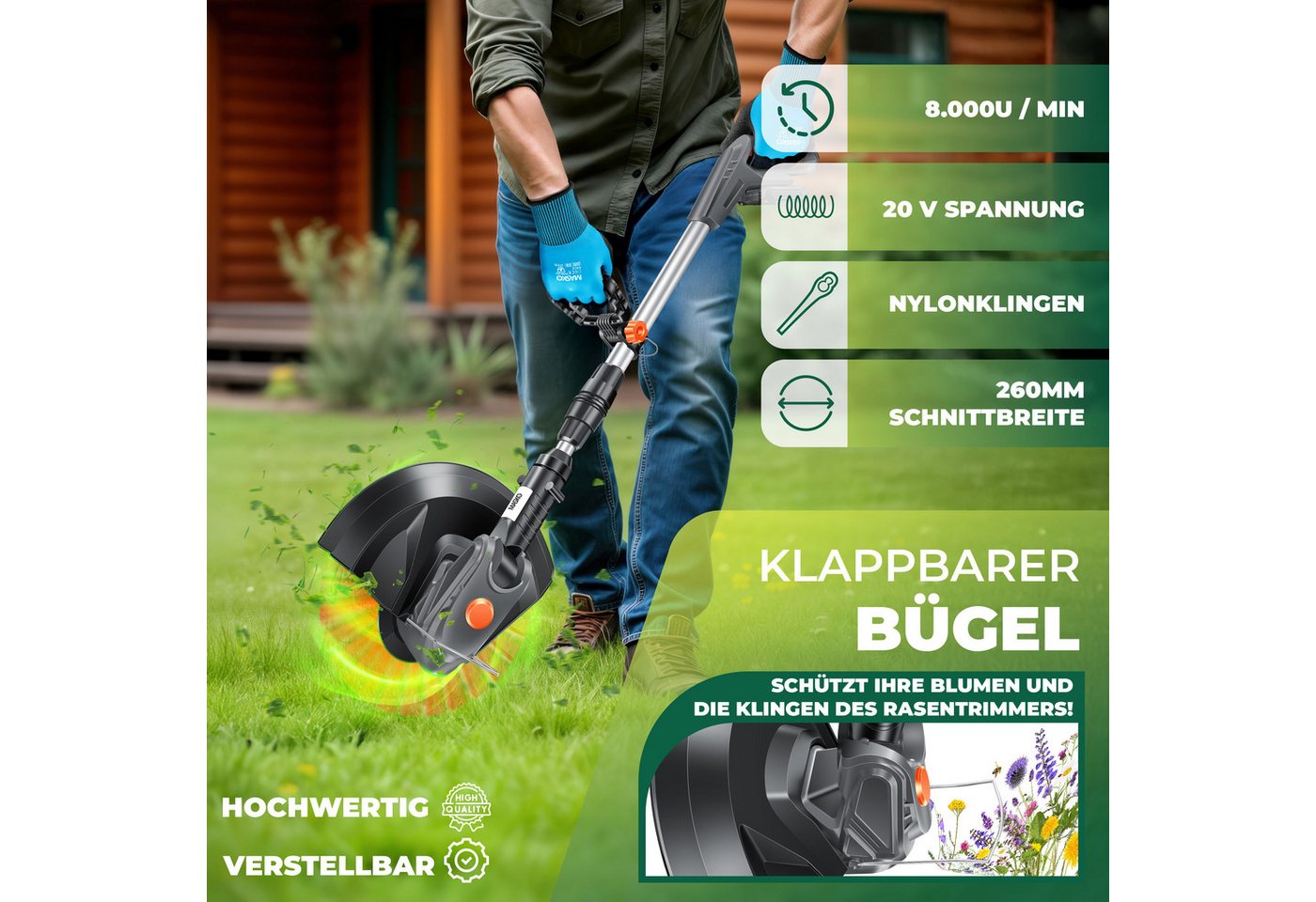 MASKO Akku-Rasentrimmer, Akku-Rasentrimmer mit 20 Li-Akku, 2,0 Ah Akku und Ladegerät – Bild 3 von 5