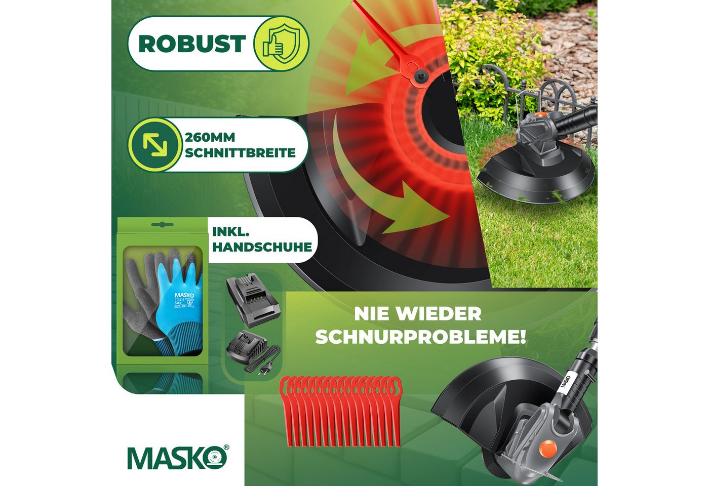 MASKO Akku-Rasentrimmer, Akku-Rasentrimmer mit 20 Li-Akku, 2,0 Ah Akku und Ladegerät – Bild 4 von 5