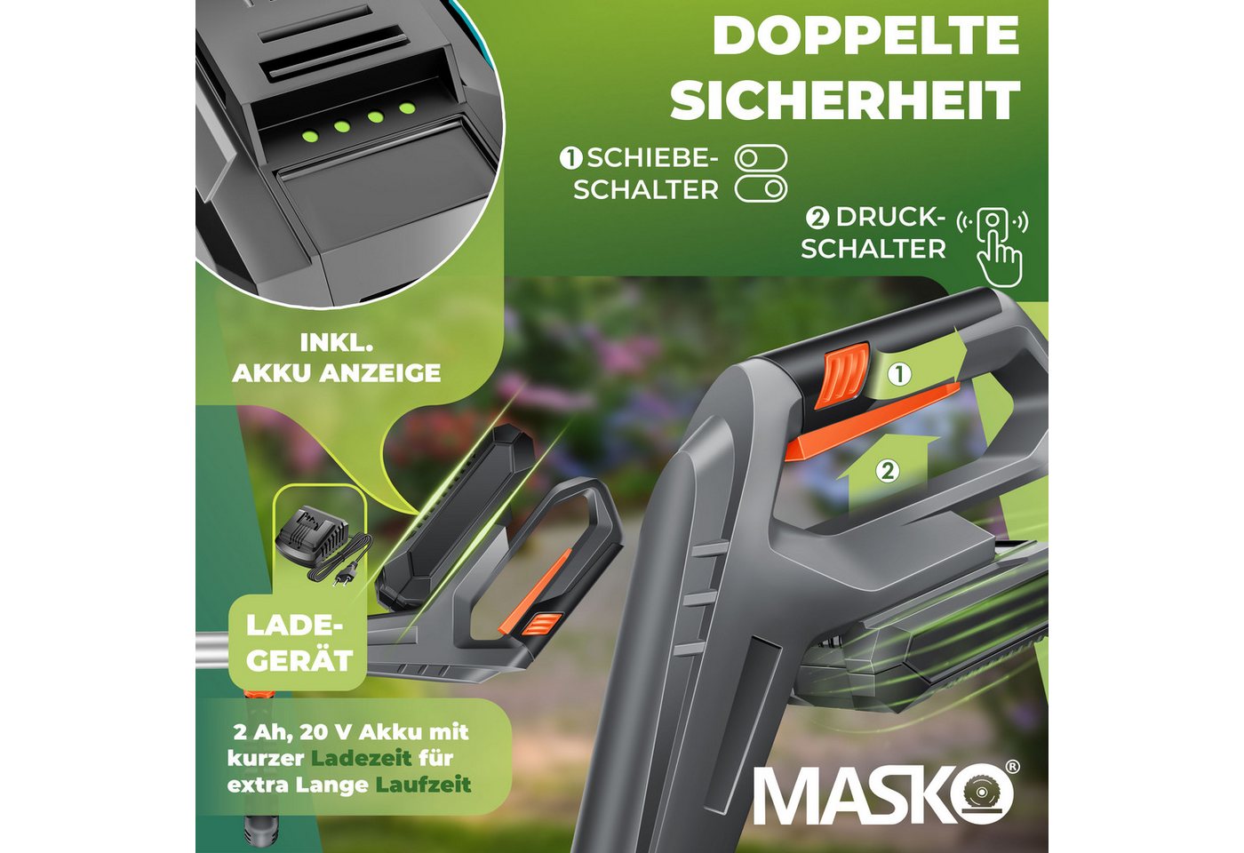 MASKO Akku-Rasentrimmer, Akku-Rasentrimmer mit 20 Li-Akku, 2,0 Ah Akku und Ladegerät – Bild 5 von 5