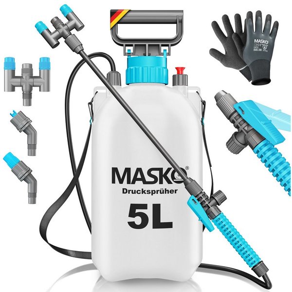 MASKO Drucksprühgerät Drucksprüher säurebeständiges Sprühgerät 5L Füllinhalt Gartenspritze, (Pumpsprühflasche mit verstellbaren Düsen, Schlauch, Gurt & Handschu