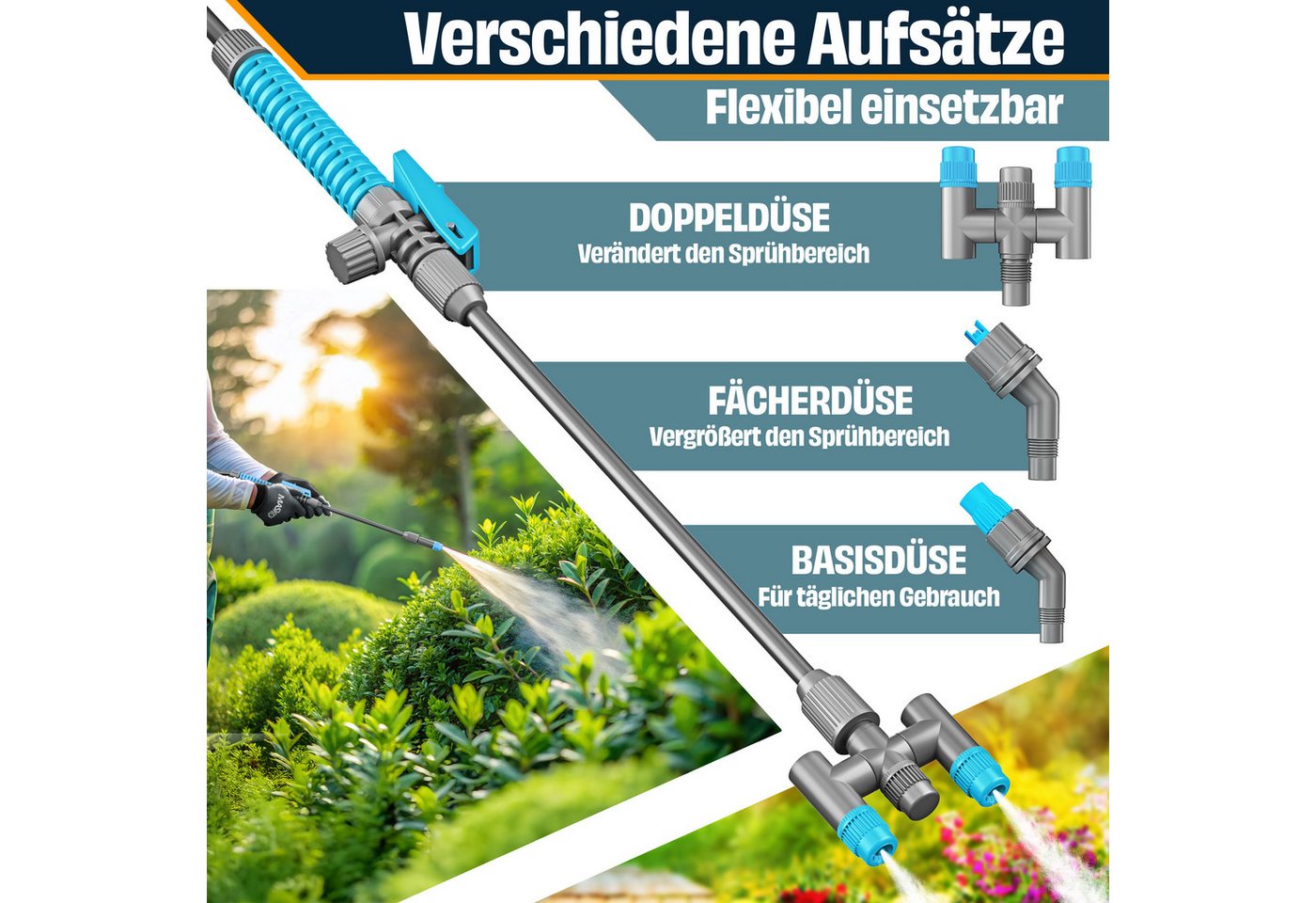 MASKO Drucksprühgerät Drucksprüher säurebeständiges Sprühgerät 5L Füllinhalt Gartenspritze, (Pumpsprühflasche mit verstellbaren Düsen, Schlauch, Gurt & Handschu – Bild 3 von 5
