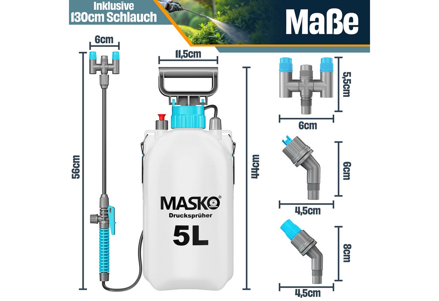 MASKO Drucksprühgerät Drucksprüher säurebeständiges Sprühgerät 5L Füllinhalt Gartenspritze, (Pumpsprühflasche mit verstellbaren Düsen, Schlauch, Gurt & Handschu – Bild 4 von 5