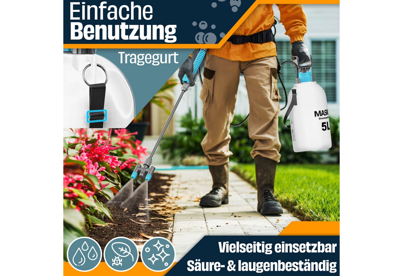 MASKO Drucksprühgerät Drucksprüher säurebeständiges Sprühgerät 5L Füllinhalt Gartenspritze, (Pumpsprühflasche mit verstellbaren Düsen, Schlauch, Gurt & Handschu – Bild 5 von 5