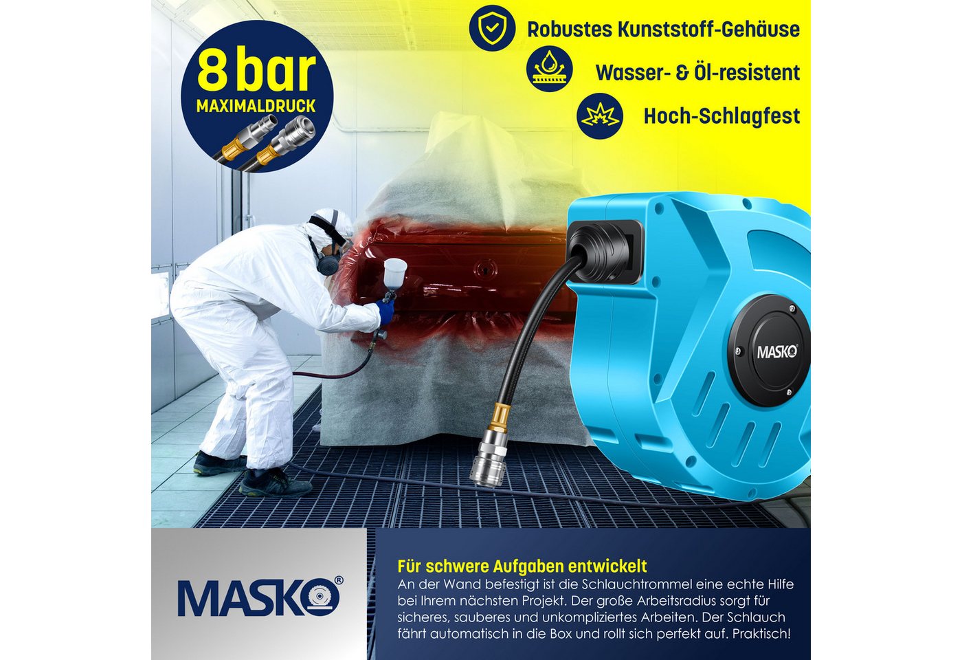 MASKO Hochdruckschlauch, Aufroller Automatik Druckluftschlauch Trommel 1/4 Anschluss Wandhalter – Bild 4 von 5