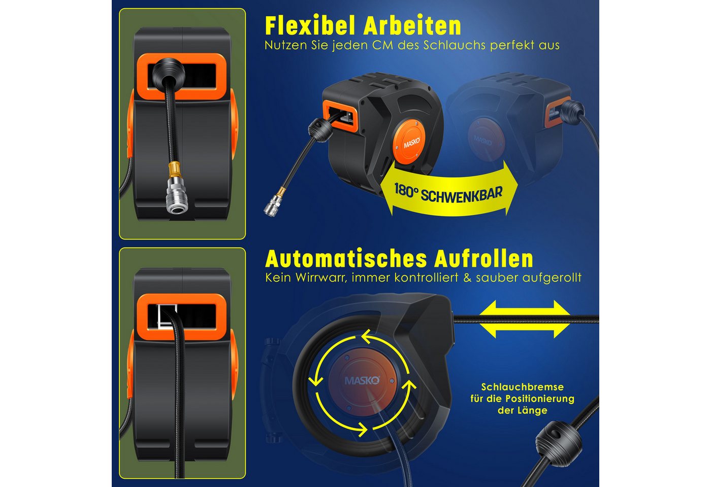 MASKO Hochdruckschlauch, Aufroller Automatik Druckluftschlauch Trommel 1/4 Anschluss Wandhalter – Bild 3 von 5