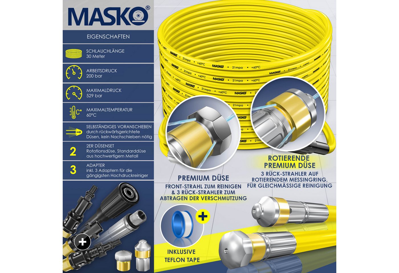 MASKO Hochdruckschlauch, Premium Rohrreinigungsschlauch Set Abflussreiniger 200 bar – Bild 2 von 5
