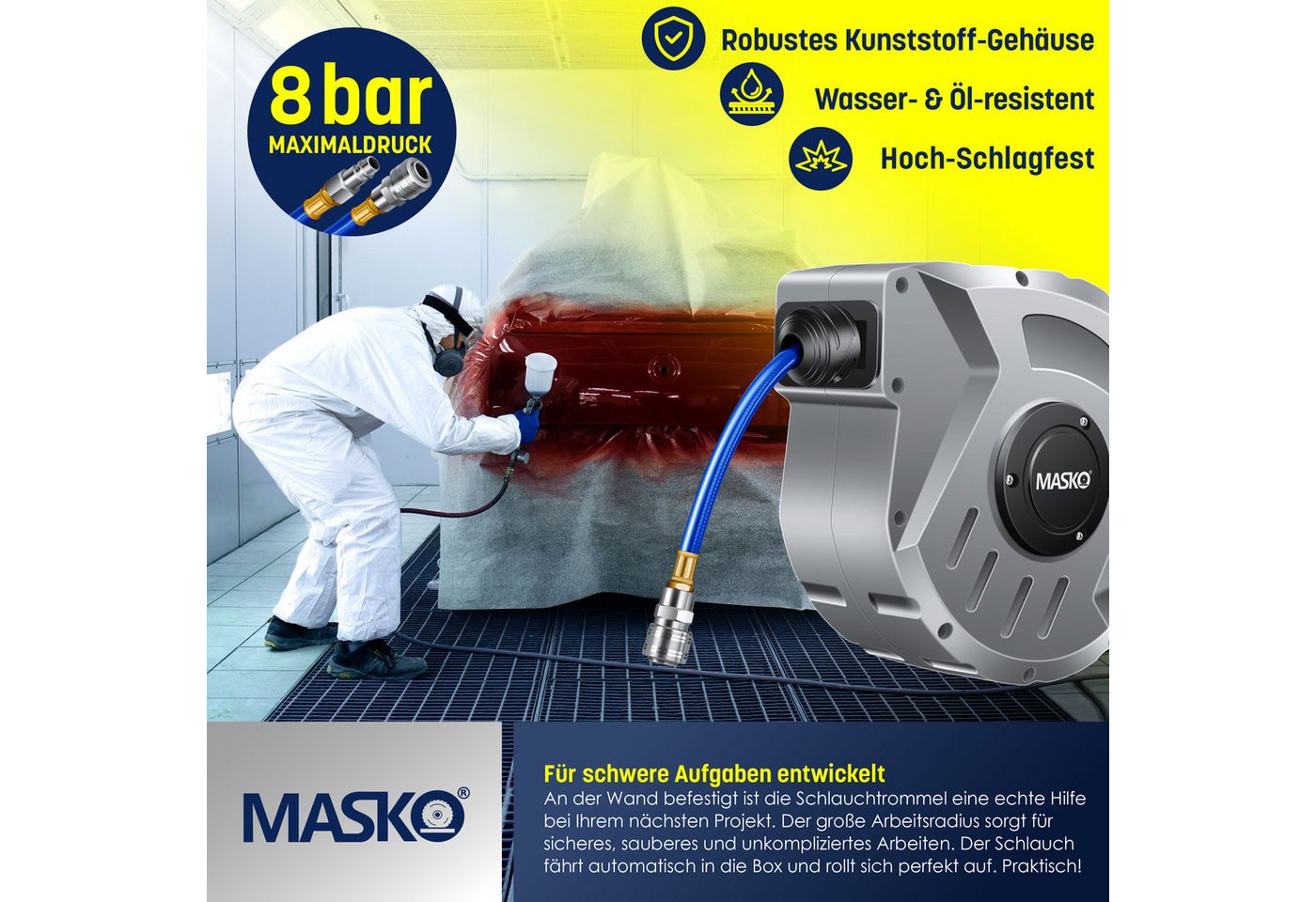 MASKO Hochdruckschlauch, Aufroller Automatik Druckluftschlauch Trommel 1/4 Anschluss Wandhalter – Bild 4 von 5