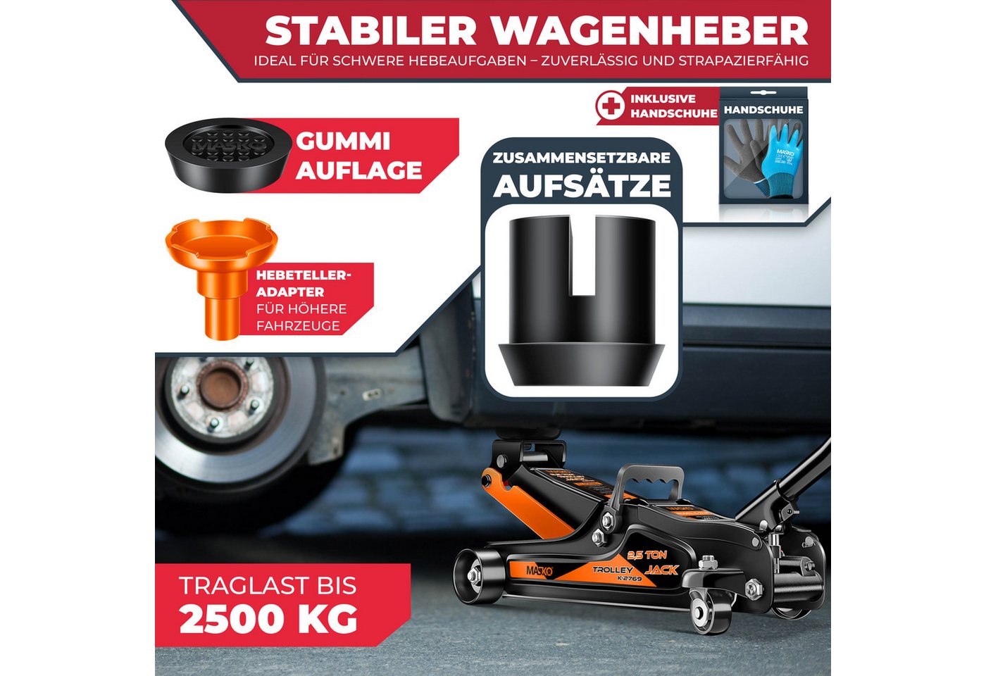MASKO Hydraulikheber, Wagenheber hydraulisch Flache Hubhöhe 2x Gummiauflage – Bild 2 von 5