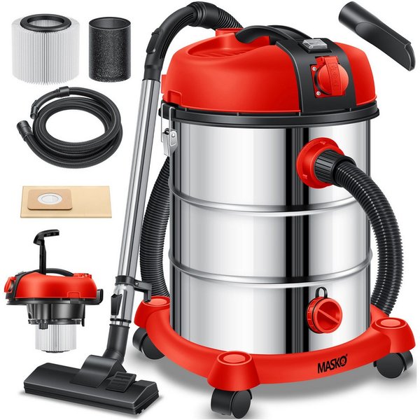 MASKO Industriesauger, 2300 W, Nass- & Trocken Saugen inkl. Beutel, HEPA Filter + Aufsätze