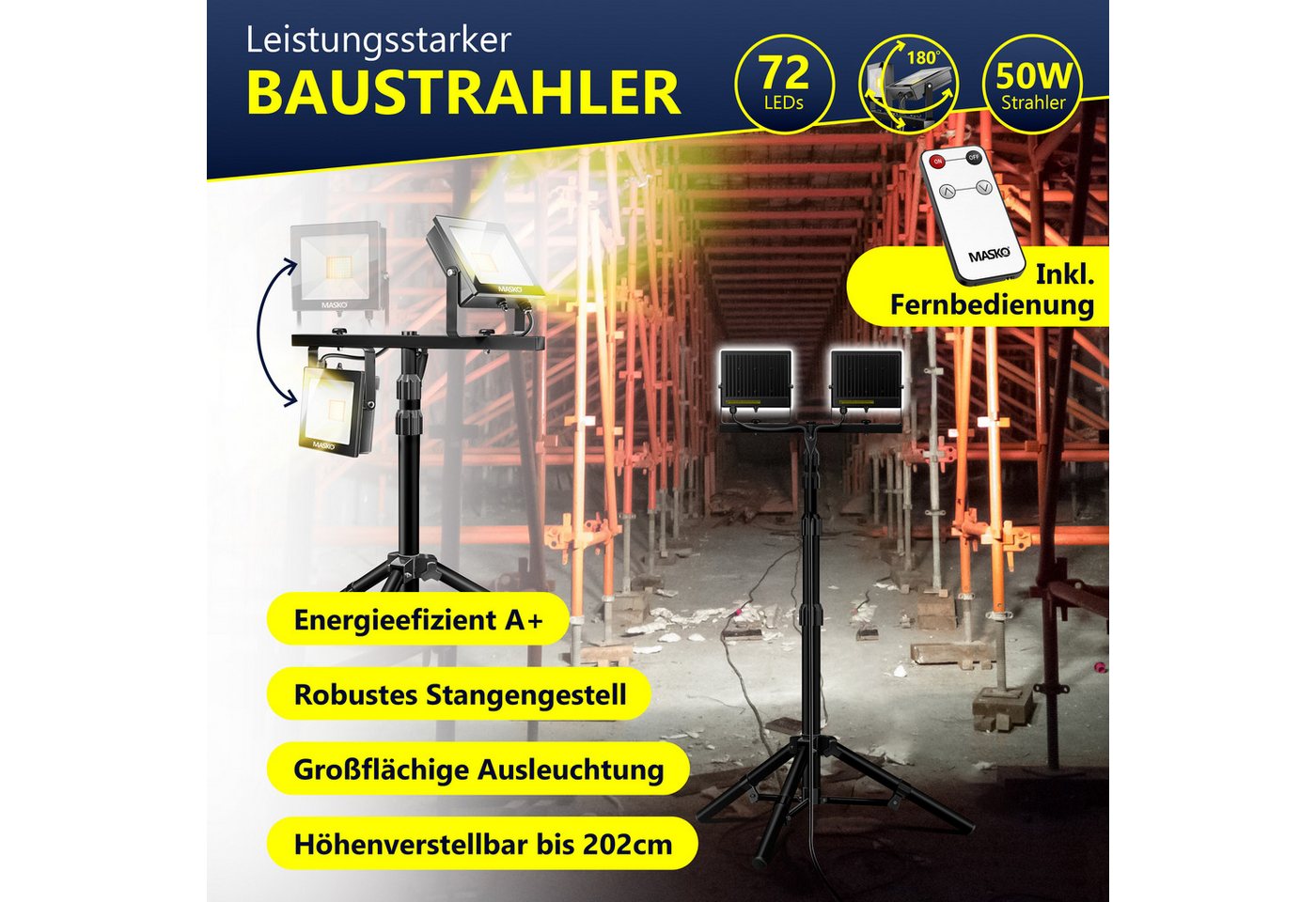 MASKO LED Baustrahler LED Fluter mit Stativ höhenverstellbar bis 202cm, 8000 Lumen Strahler, LED fest verbaut, Kaltweiß, 2x50W LED Arbeitsleuchte für drinnen &  – Bild 2 von 5