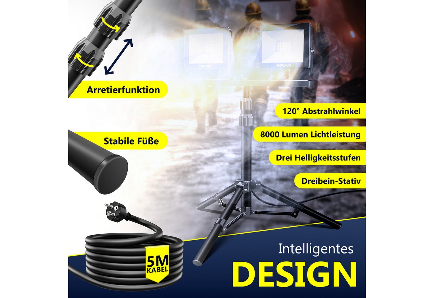 MASKO LED Baustrahler LED Fluter mit Stativ höhenverstellbar bis 202cm, 8000 Lumen Strahler, LED fest verbaut, Kaltweiß, 2x50W LED Arbeitsleuchte für drinnen &  – Bild 3 von 5