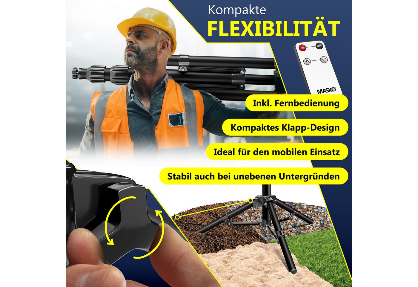 MASKO LED Baustrahler LED Fluter mit Stativ höhenverstellbar bis 202cm, 8000 Lumen Strahler, LED fest verbaut, Kaltweiß, 2x50W LED Arbeitsleuchte für drinnen &  – Bild 4 von 5