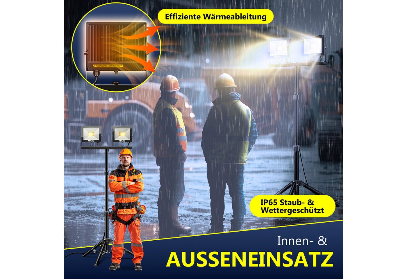 MASKO LED Baustrahler LED Fluter mit Stativ höhenverstellbar bis 202cm, 8000 Lumen Strahler, LED fest verbaut, Kaltweiß, 2x50W LED Arbeitsleuchte für drinnen &  – Bild 5 von 5