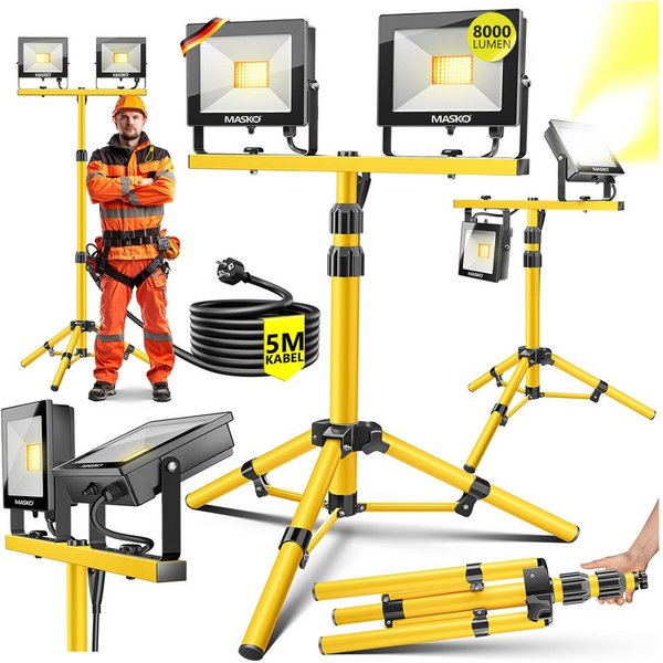 MASKO LED Baustrahler LED Fluter mit Stativ höhenverstellbar bis 202cm, 8000 Lumen Strahler, LED fest verbaut, Kaltweiß, 2x50W LED Arbeitsleuchte für drinnen & 
