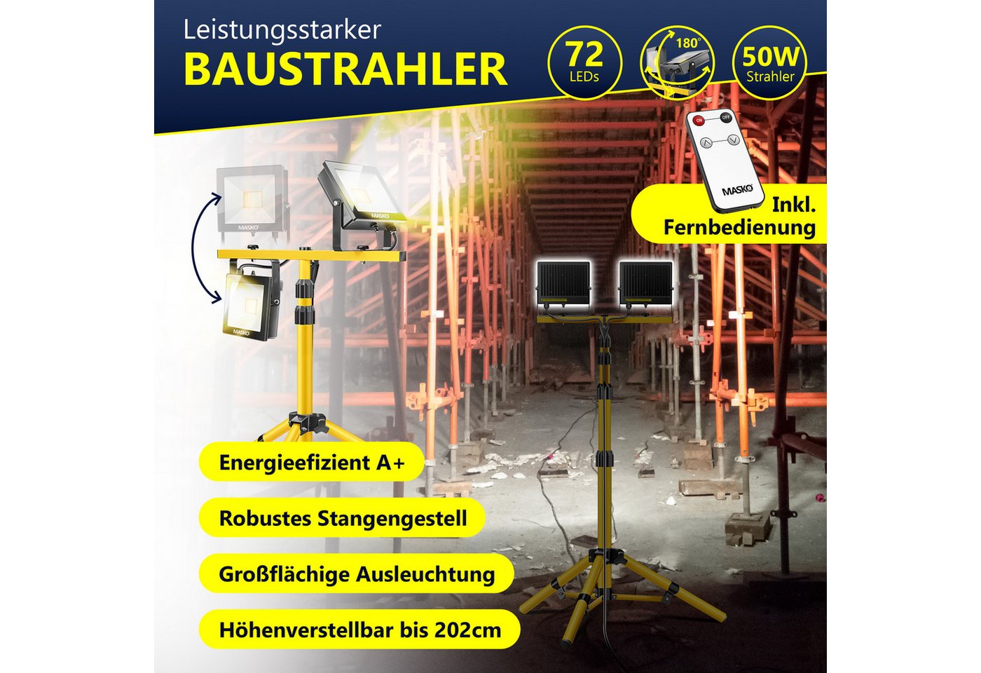 MASKO LED Baustrahler LED Fluter mit Stativ höhenverstellbar bis 202cm, 8000 Lumen Strahler, LED fest verbaut, Kaltweiß, 2x50W LED Arbeitsleuchte für drinnen &  – Bild 2 von 5