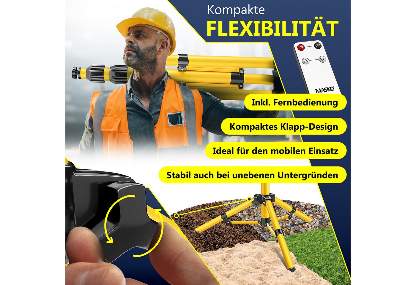 MASKO LED Baustrahler LED Fluter mit Stativ höhenverstellbar bis 202cm, 8000 Lumen Strahler, LED fest verbaut, Kaltweiß, 2x50W LED Arbeitsleuchte für drinnen &  – Bild 4 von 5