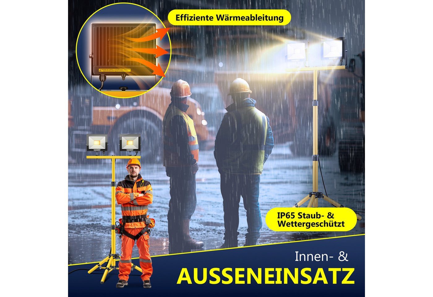 MASKO LED Baustrahler LED Fluter mit Stativ höhenverstellbar bis 202cm, 8000 Lumen Strahler, LED fest verbaut, Kaltweiß, 2x50W LED Arbeitsleuchte für drinnen &  – Bild 5 von 5
