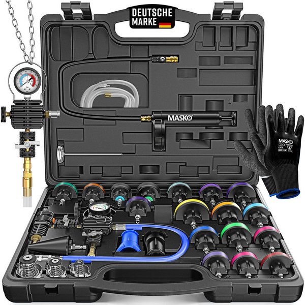 MASKO Multitool Kühlsystem Tester & Abdrückgerät - universeller Kühler Prüfgerät, (28-teiliges Kühlsystem-Nachfüll-Set inkl. Kühleradapter, Vakuumpumpe), Kühler