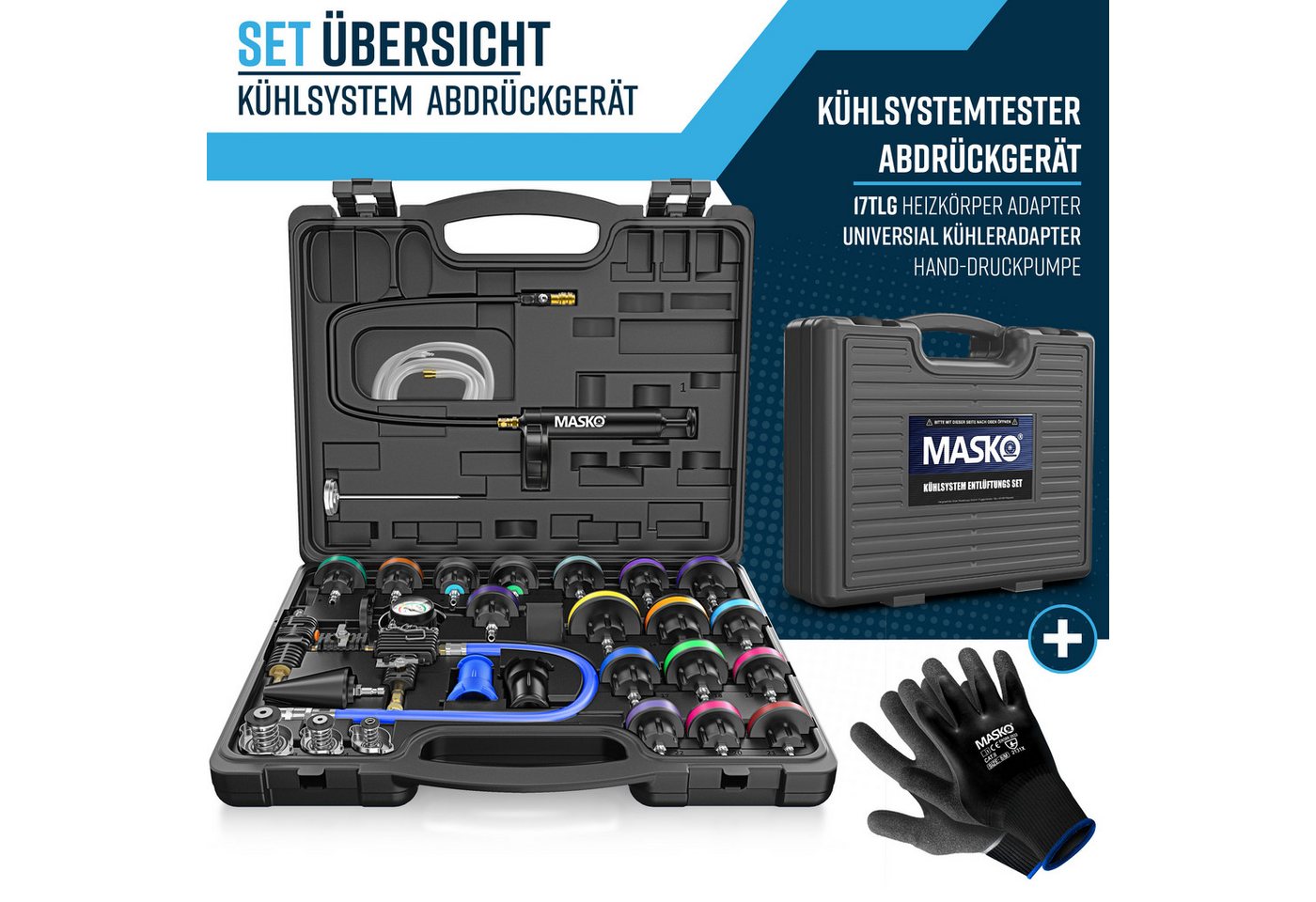MASKO Multitool Kühlsystem Tester & Abdrückgerät - universeller Kühler Prüfgerät, (28-teiliges Kühlsystem-Nachfüll-Set inkl. Kühleradapter, Vakuumpumpe), Kühler – Bild 2 von 5