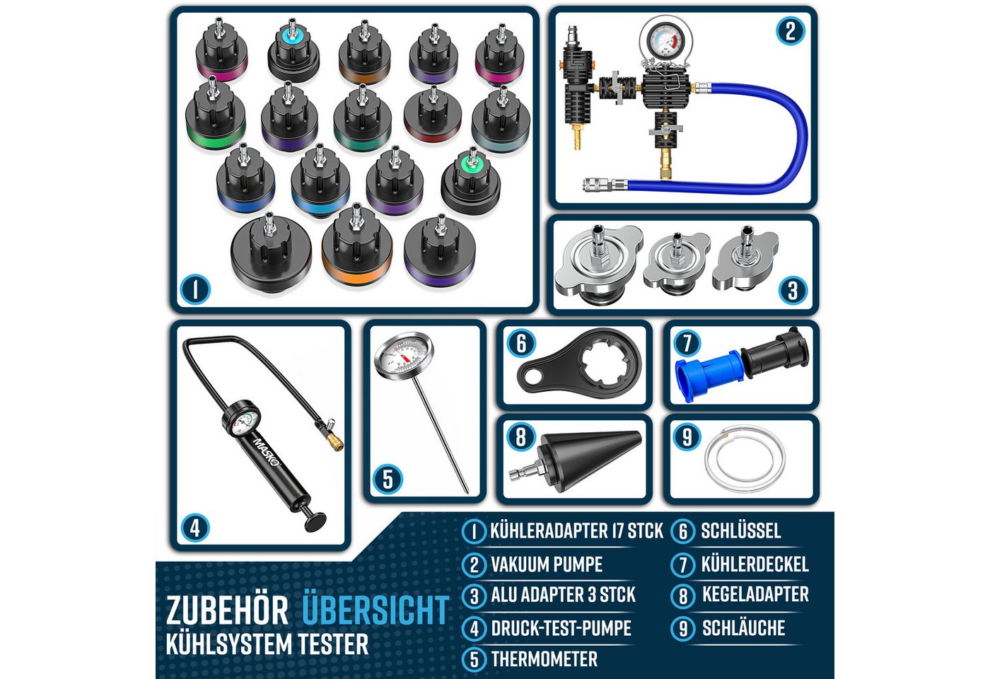 MASKO Multitool Kühlsystem Tester & Abdrückgerät - universeller Kühler Prüfgerät, (28-teiliges Kühlsystem-Nachfüll-Set inkl. Kühleradapter, Vakuumpumpe), Kühler – Bild 3 von 5
