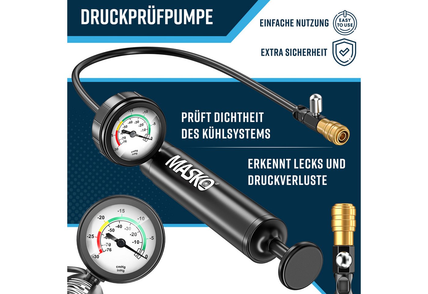 MASKO Multitool Kühlsystem Tester & Abdrückgerät - universeller Kühler Prüfgerät, (28-teiliges Kühlsystem-Nachfüll-Set inkl. Kühleradapter, Vakuumpumpe), Kühler – Bild 4 von 5