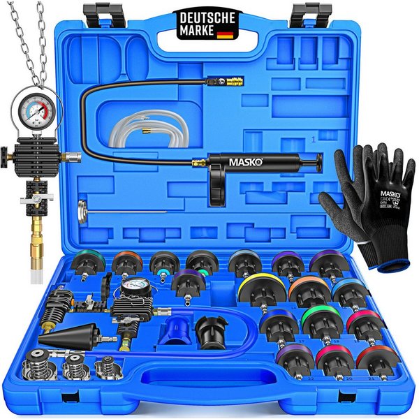 MASKO Multitool Kühlsystem Tester & Abdrückgerät - universeller Kühler Prüfgerät, (28-teiliges Kühlsystem-Nachfüll-Set inkl. Kühleradapter, Vakuumpumpe), Kühler