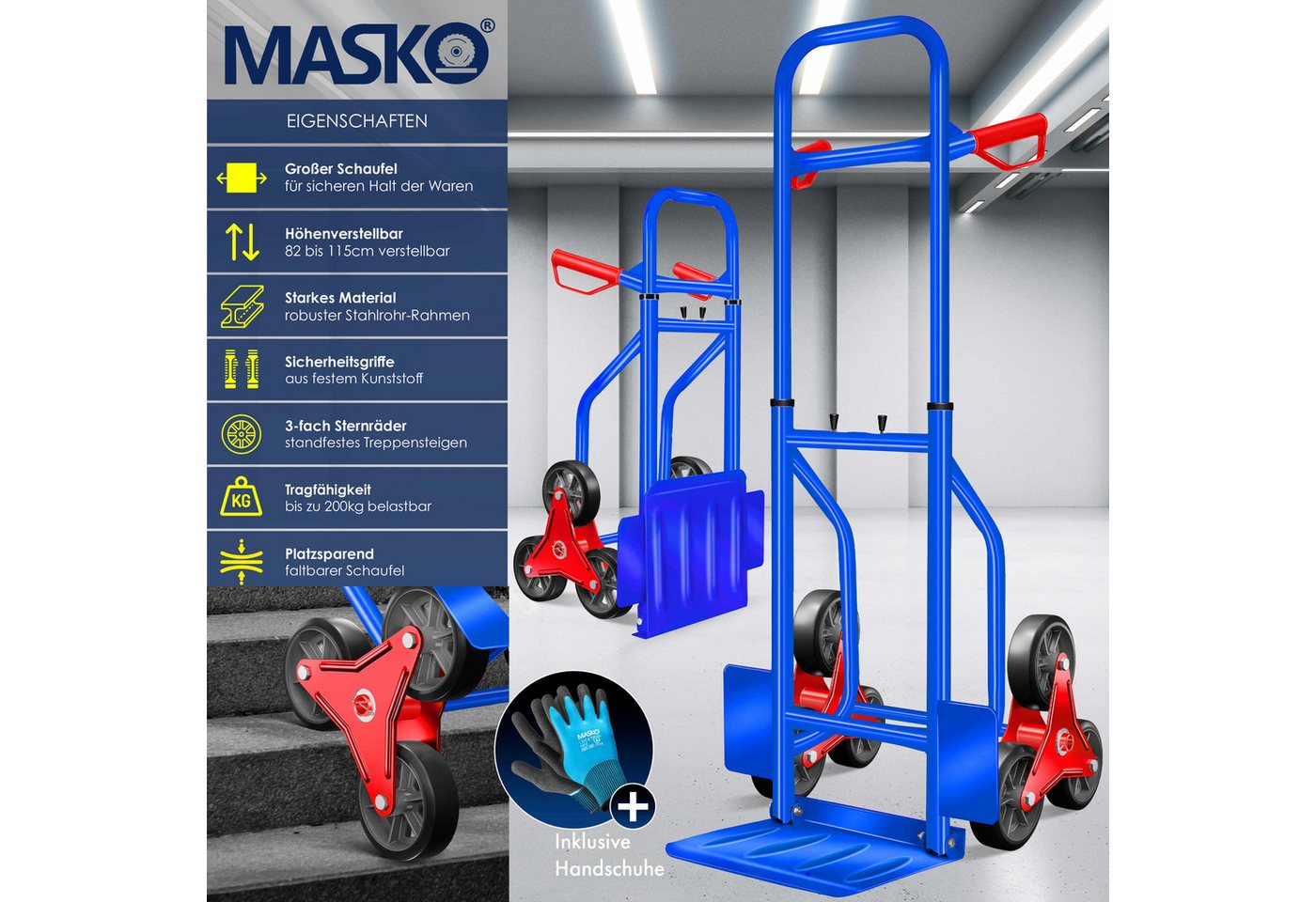 MASKO Sackkarre, Treppenkarre Sackkarre 200kg Transportkarre Treppensteiger – Bild 2 von 5