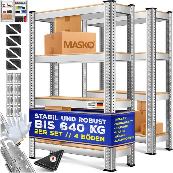 MASKO Schwerlastregal, 2er-Set Lagerregal aus Metall mit verstellbaren Ablagen