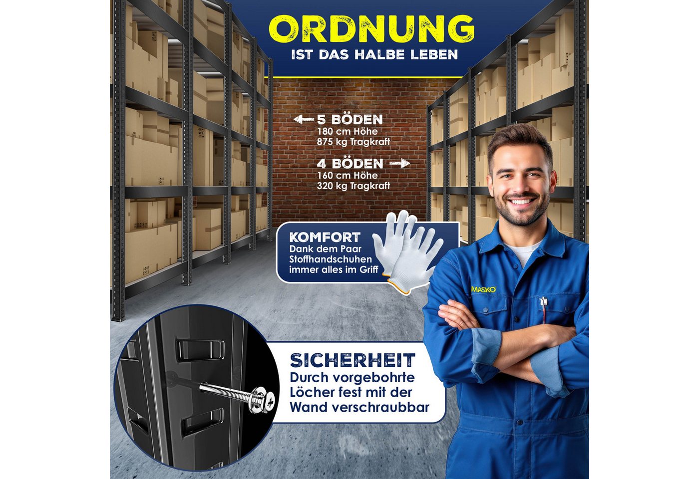 MASKO Schwerlastregal, 2er-Set Lagerregal aus Metall mit verstellbaren Ablagen – Bild 5 von 5