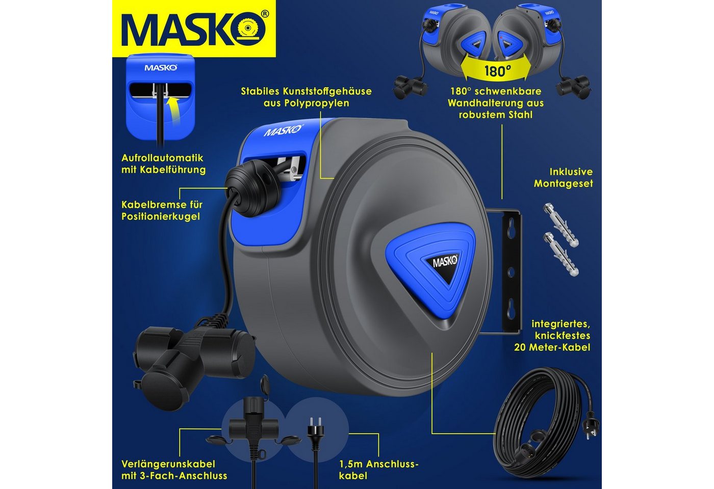 MASKO Verlängerungskabel, (20 cm), Automatik Kabeltrommel Verlängerungskabel mit 3-Fach Anschluss – Bild 2 von 5